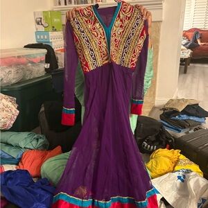 Women's Embroidered Purple Anarkali Dress with Red & Teal Accents